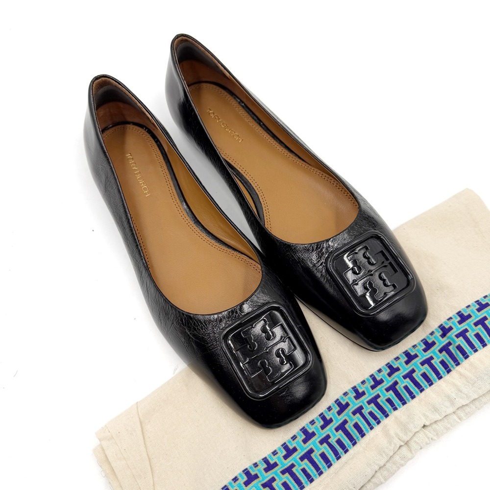 Tory Burch Georgia Ballet Flats Black Leather Square Toe Logo Sz 7.5
